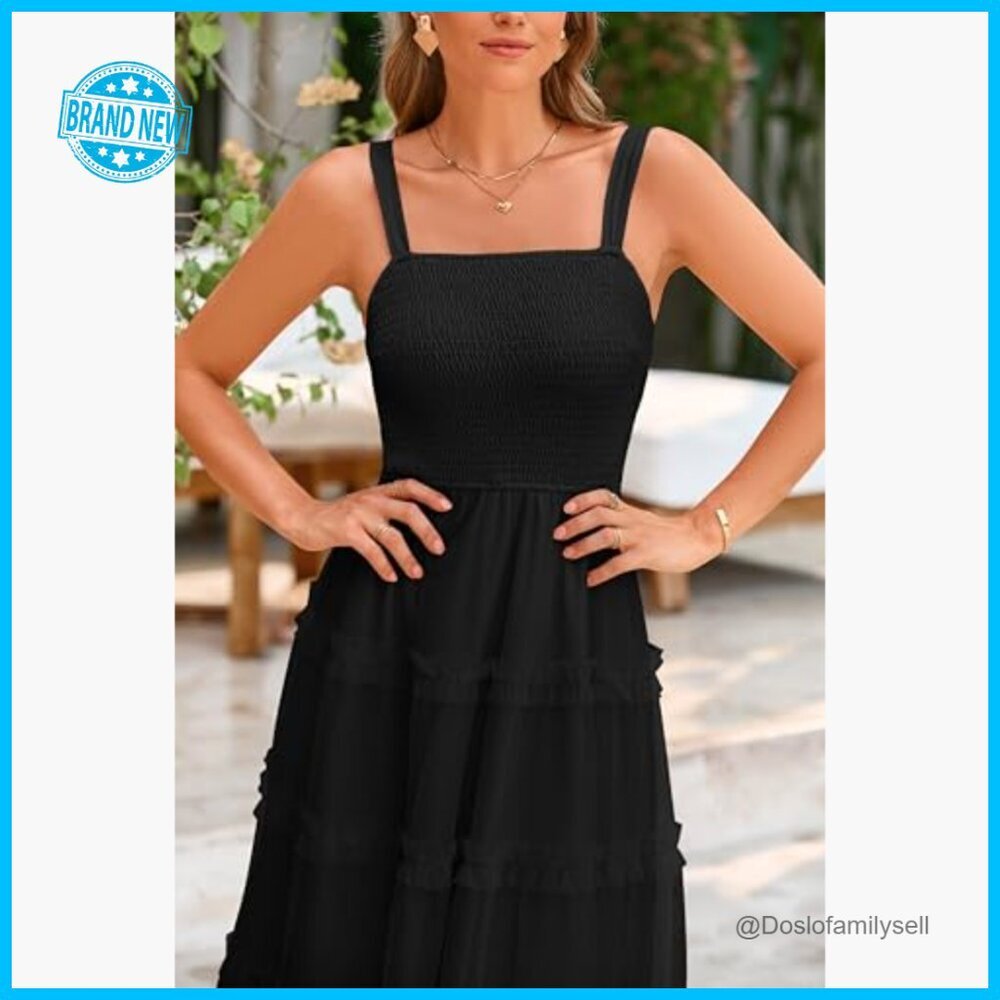 Sleeveless Smocked Tiered Ruffle Tulle A-Line Maxi Dress Elegant Boho Wedding - Picture 4 of 7